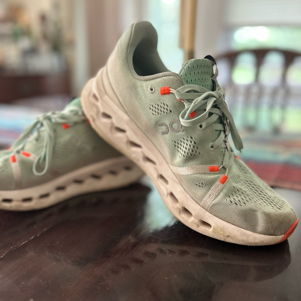 On Running Athletic Shoes in Green and Orange